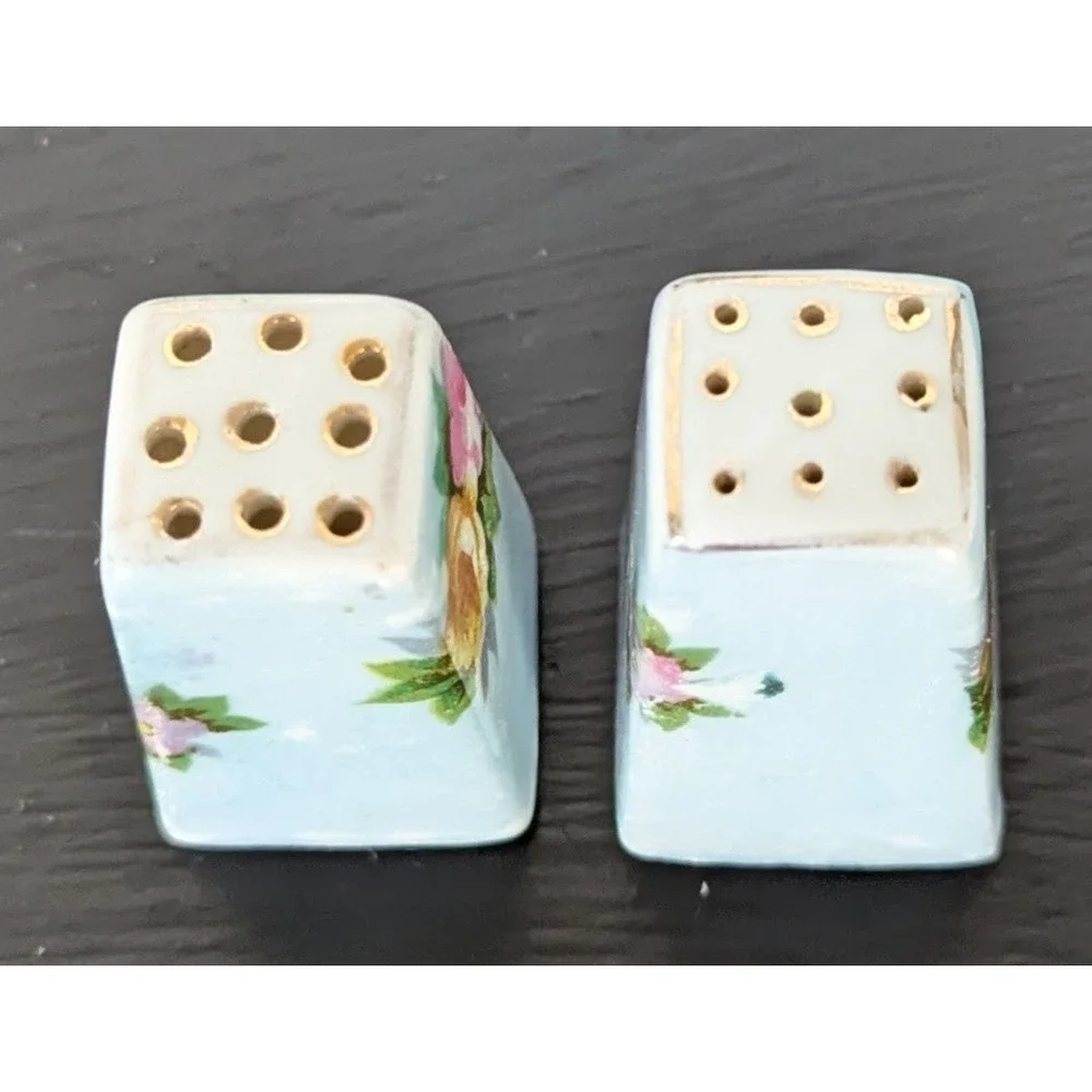 VTG Hand Painted Petite Salt &‎ Pepper Shaker Set Blue With Pink &Yellow Roses